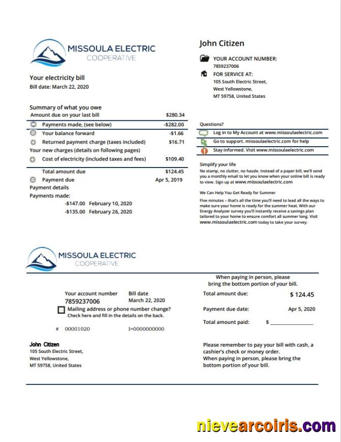 USA Montana Missoula Electric Cooperative electricity utility bill